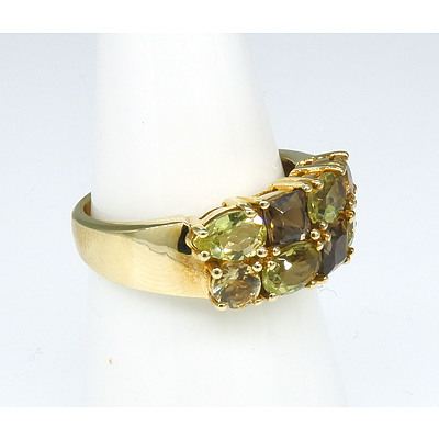 9ct Yellow Gold Ring with Two Rows of Mixed Cut Gems, Citirne Alternating with Smoky Quartz in Claw Setting