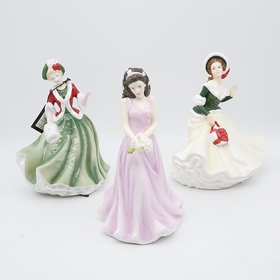 Three Royal Doulton Figures Including Pretty Ladies Christmas Day, Pretty Ladies Christmas Day 2008 and Flower of the Moth April - Daisy Innocence