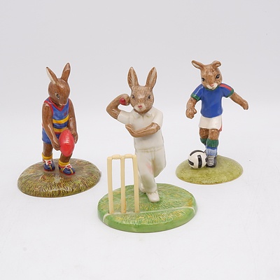 Three Royal Doulton Bunnykins Figures Including Aussie Rules Bunnykins, Howzat Bunnykins and Soccer Bunnykins