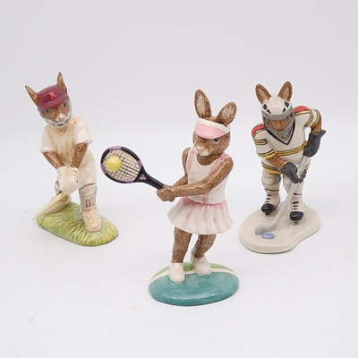 Three Royal Doulton Bunnykins Figures Including Out for a Duck Bunnykins, Deuce! Bunnykins and Slap Shot Bunnykins