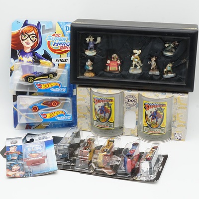 Four Batman Hot Wheel Model Cars, Superman Comic Cover Glasses, Boxed Set of Walt Disney The Adventures of Ichabod and Mr Toad and More