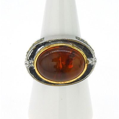 Heavy Sterling Silver Ring with Oval Amber Cabochon