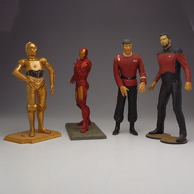 Group of Four Sci-Fi Figurines, Including C-3PO, Iron Man, Jean-Luc Picard and More