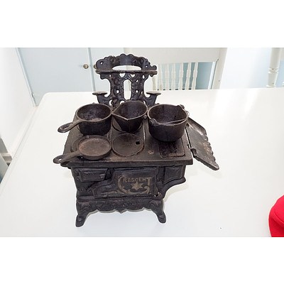 Cast Iron Crescent Brand Miniature Wood Stove and Various Pans