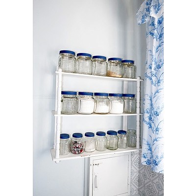 Rustic Painted Wood Hanging Shelves and Set of Glass Jars