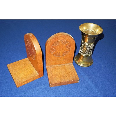 A Pair of Carved Wood Bookends and An Antique Brass Vase