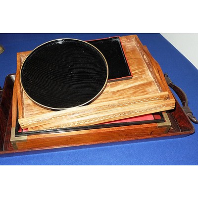 A Brass Inlaid Tray and Various Other Trays As Shown