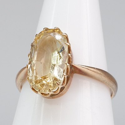 Antique 15ct Yellow Rose Ring with Oval Faceted Orange/Yellow Topaz in a Multi Claw Setting