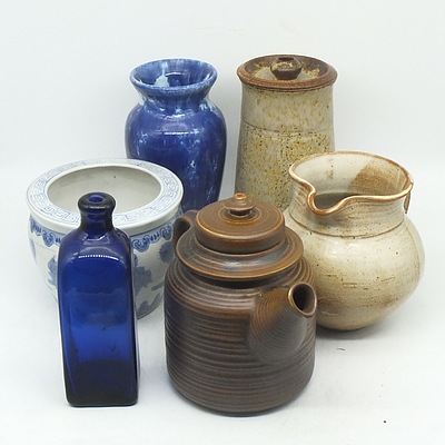 Australian Studio Pottery, Teapot, Jar, Creamer Jug and Contemporary Chinese Blue and White Jardiniere