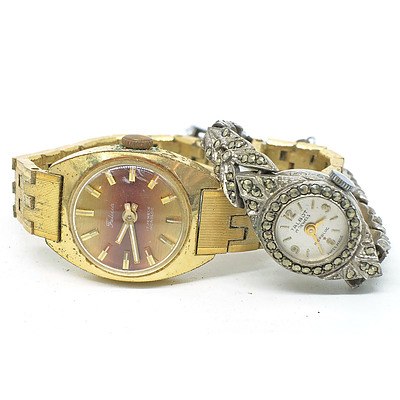 Ladies Swiss Felicia Wristwatch Incabloc 17 Jewels and Ladies Talbot Incabloc 17 Jewels with Silver Marquite Set Band