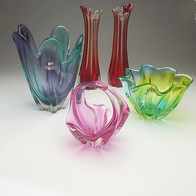 Group of Art Glass, Including Two Tall Vases and Three other Splashform Glass Vases