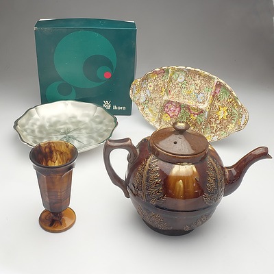 Winton China Sweet Dish, Smokey Glass Sundae Dish, WMF Ikora Plate in Box and a Pottery Teapot