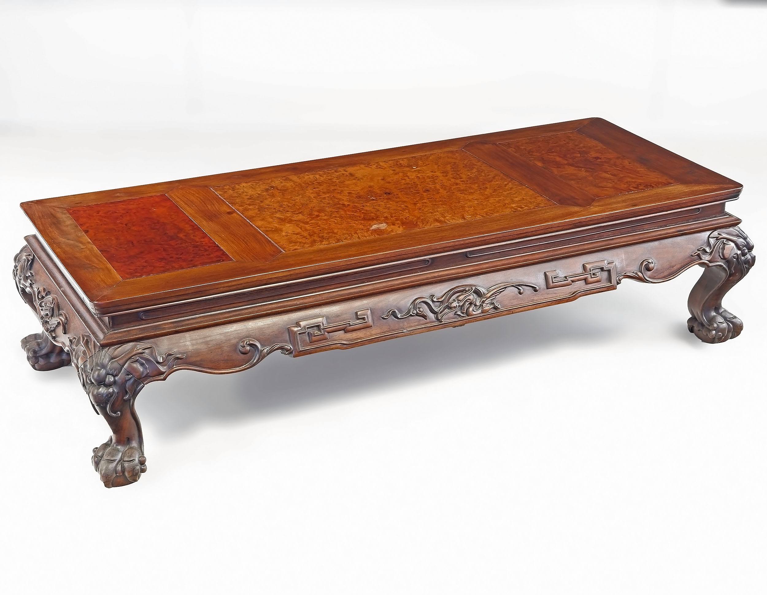 'Good Chinese Hongmu Rosewood and Burlwood Kang Table, Early to Mid 20th Century'