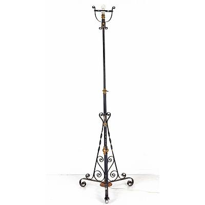 Late Victorian Wrought Iron and Brass Oil Floor Lamp Now Converted to Electricity