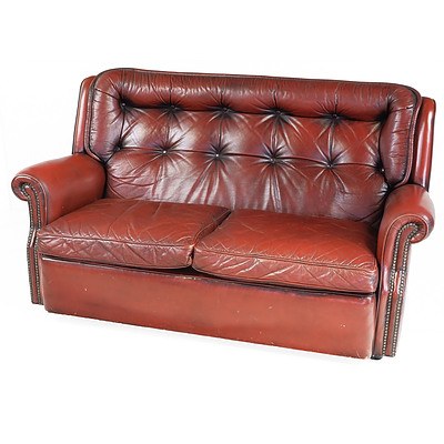 Vintage Moran Burgundy Leather Button Upholstered Two Seater Chesterfield Sofa