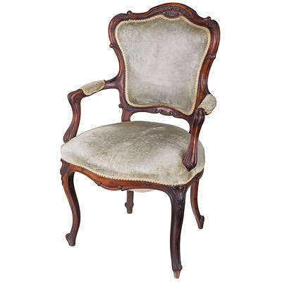 Antique French Louis Style Finely Carved Walnut Salon Chair with Velvet Upholstery, Late 19th Century