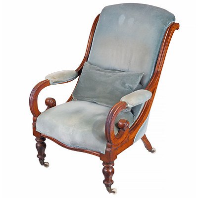 Early Victorian Mahogany Drawing Room Chair with Scrolled Arms Circa 1850