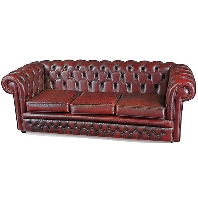 Gascoigne Burgundy Buttoned Leather Three Seater Chesterfield Lounge