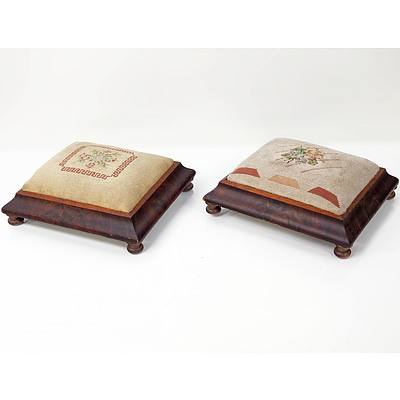 Two Victorian Mahogany and Needlepoint Upholstered Footstools Circa 1880