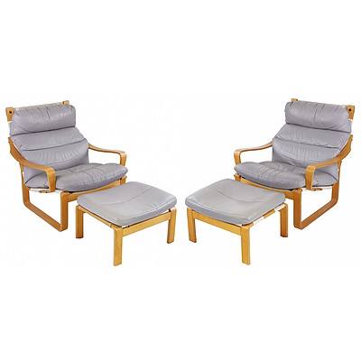 Pair of Tessa Laminated Ply and Grey Leather Chairs and Ottomans Designed by Fred Lowen