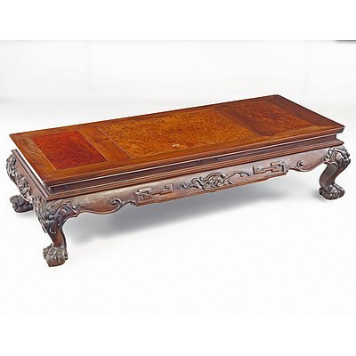 Good Chinese Hongmu Rosewood and Burlwood Kang Table, Early to Mid 20th Century
