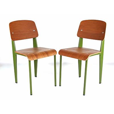 Pair of Replica Jean Prouve Painted Steel and Walnut Veneered Plywood Chairs