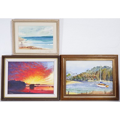 E. Thomas Red Sky at Night Oil on Board, E.B.C Beauty Point Morning Water and Margo Maher Dee Why Beach Watercolour