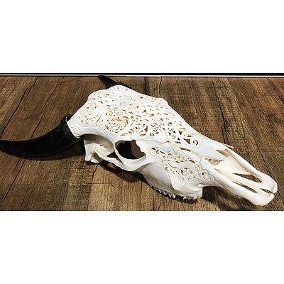 Carved Cow Skull with Horns