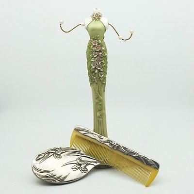 Porcelain Ring Holder and a Comb and Brush Set with Floral motif