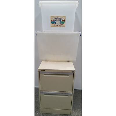 Brownbuilt Two Drawer Filing Cabinet and Two Plastic Storage Tubs