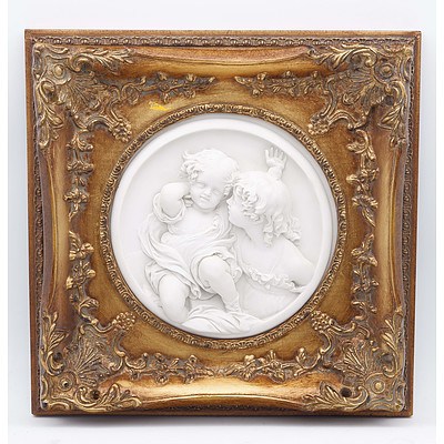 Pair of Flight of Fancy Ceramic Wall Plaques in Giltwood Frames
