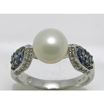 14ct White Gold Ring - Pearl, Sapphires, Diamonds