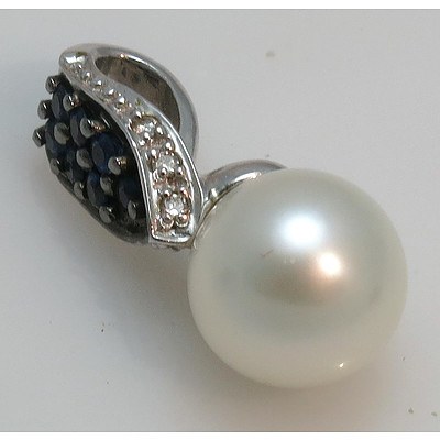 14ct White Gold Pendant - Pearl, Sapphires, Diamonds
