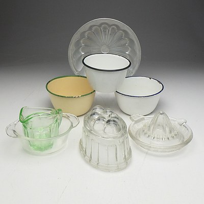 A Vintage Glass Jelly Mould, Depression Glass Cream Jug, Enamelled Tin Bowls and More