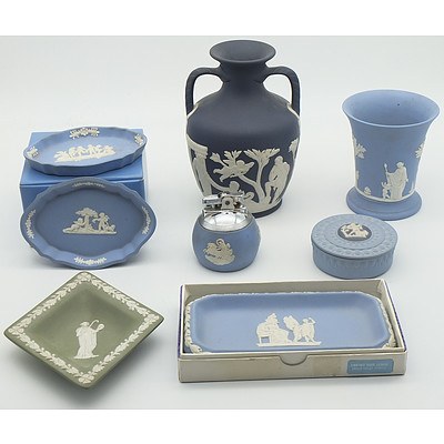 Group of Wedgwood Jasperware, Including Urn, Table lighter, Jewellery Box and More