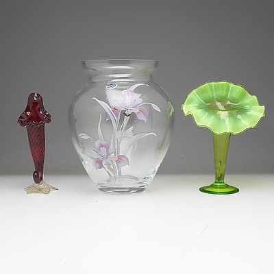 Victorian Vasaline Glass Jack in the Pulpit Vase, Hand Painted Bohemia Vase and Another