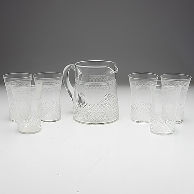 Vintage Etched Glass Water Pitcher Set