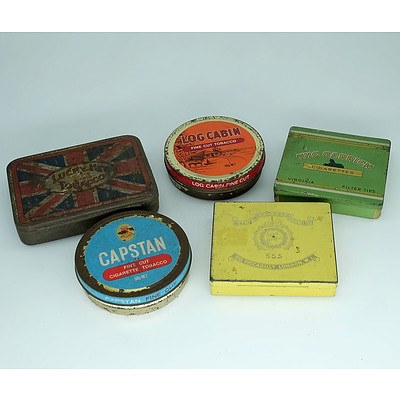 Five Vintage Cigarette and Tobacco Tins Including Lucky Hit, Log Cabin and More