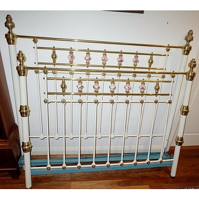 Antique Painted Metal Queen Bed with Brass and Hand Painted Porcelain Finials