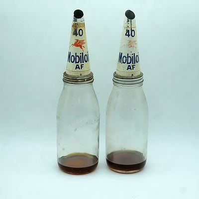 Two Mobiloil Tin Top Oil Glass Bottles