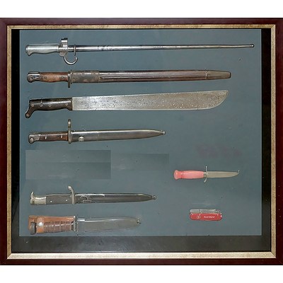 Framed Presentation of Bayonets, Knives and a Machete from Australia, France, United States and More