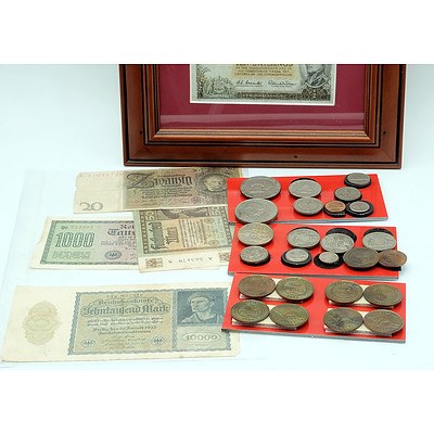 Group of Various Coins and Bank Notes Including Australian Pound Notes, German Into War Notes, Australian Florins and Pennies and More