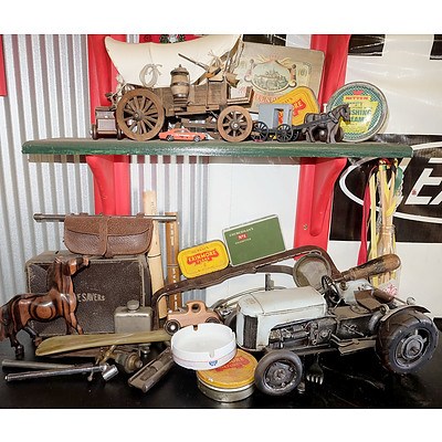 Two Shelves of Tools, Cigarette Tins, Chrysler Knife and Fork, Hand Crafted Wagon and More