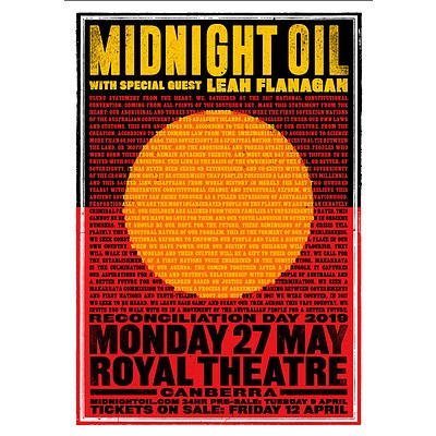 2 tickets to Midnight Oil (with Leah Flanagan) Reconciliation Day Concert (27 May 2019) with 2 concert posters signed by the band 