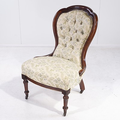 Late Victorian Mahogany Buttoned Floral Upholstered Chair Circa 1880