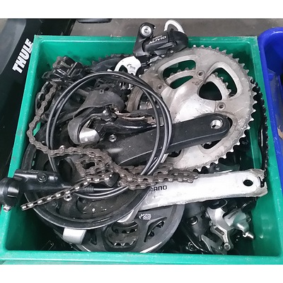 Assorted Boxes Of Bike Accesories Including Cranks, Brakes & More.