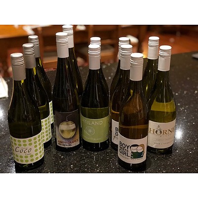 A dozen bottles of hand crafted white wines from independent wine makers in Australia and New Zealand