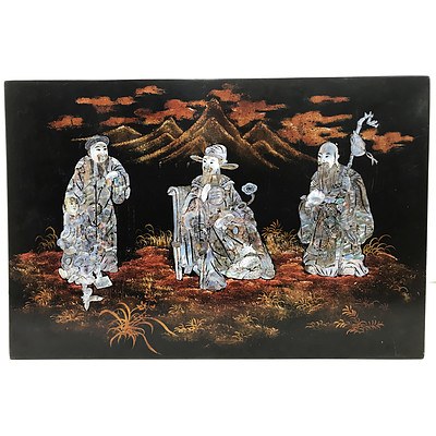 Chinese Lacquered Panel with Three Inlaid Shell Figures