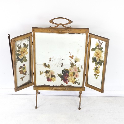 Vintage Bevelled Glass Three Panelled Mirror with Hand Painted Floral Motif