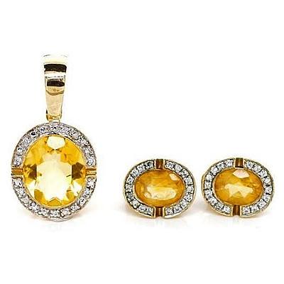 9ct Gold Suite of Citrine Pendant & Earrings